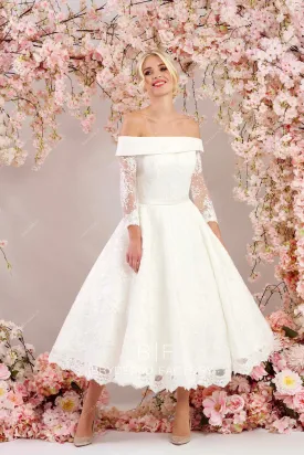 Timeless Off-Shoulder 3/4 Sleeves Lace Tea-Length Wedding Dress