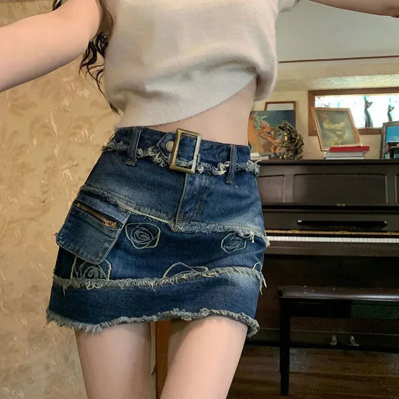 Toleet-Vintage Distressed Denim Skirt Women 2023 Summer Raw Edge Design Mini Skirts Woman Korean High Waist Skirt with Shorts