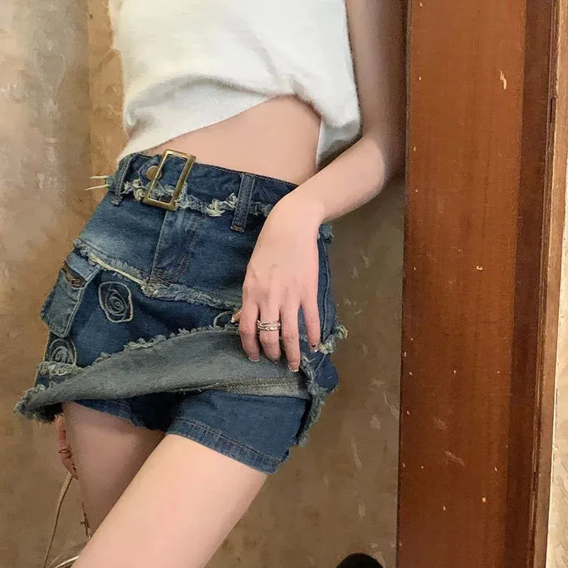 Toleet-Vintage Distressed Denim Skirt Women 2023 Summer Raw Edge Design Mini Skirts Woman Korean High Waist Skirt with Shorts