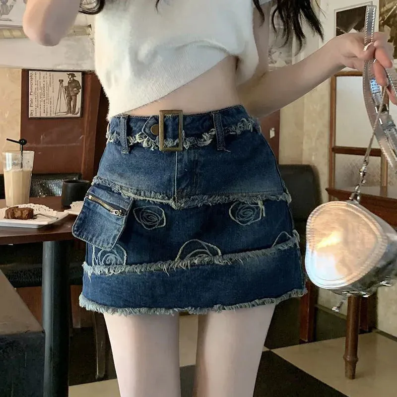 Toleet-Vintage Distressed Denim Skirt Women 2023 Summer Raw Edge Design Mini Skirts Woman Korean High Waist Skirt with Shorts