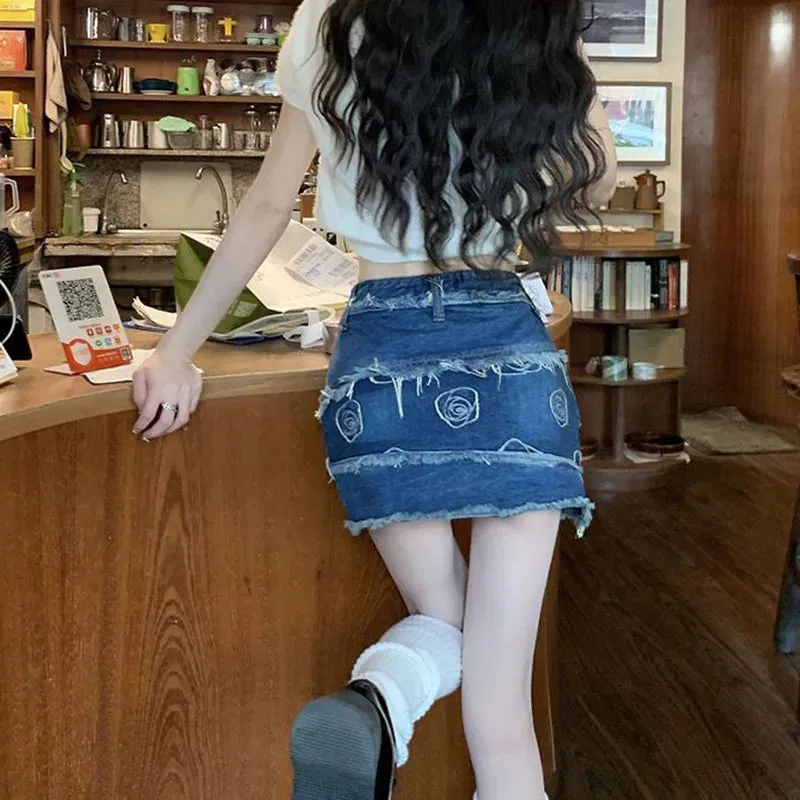 Toleet-Vintage Distressed Denim Skirt Women 2023 Summer Raw Edge Design Mini Skirts Woman Korean High Waist Skirt with Shorts