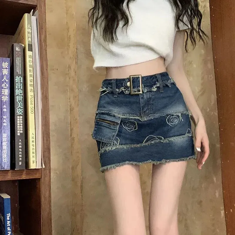 Toleet-Vintage Distressed Denim Skirt Women 2023 Summer Raw Edge Design Mini Skirts Woman Korean High Waist Skirt with Shorts