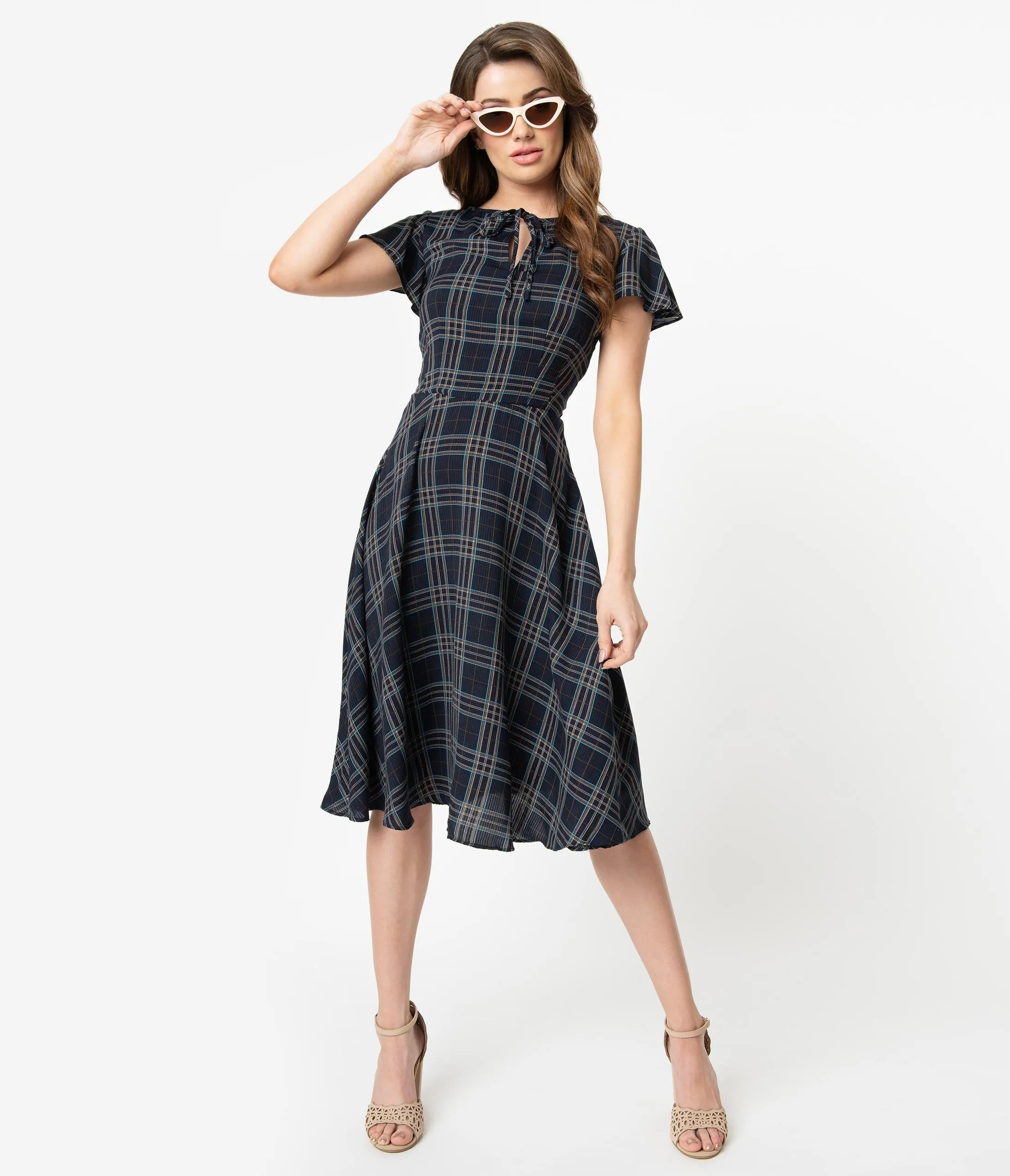 Unique Vintage 1940s Style Blue Plaid Formosa Swing Dress