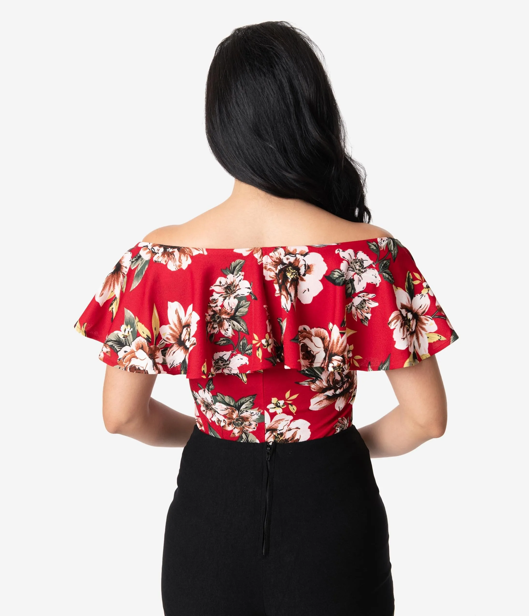 Unique Vintage 1950s Burgundy Floral Off Shoulder Ruffle Frenchie Top