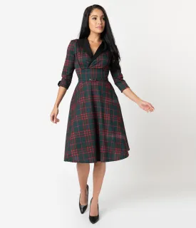 Unique Vintage 1950s Emerald Green & Red Plaid Trudy Swing Dress