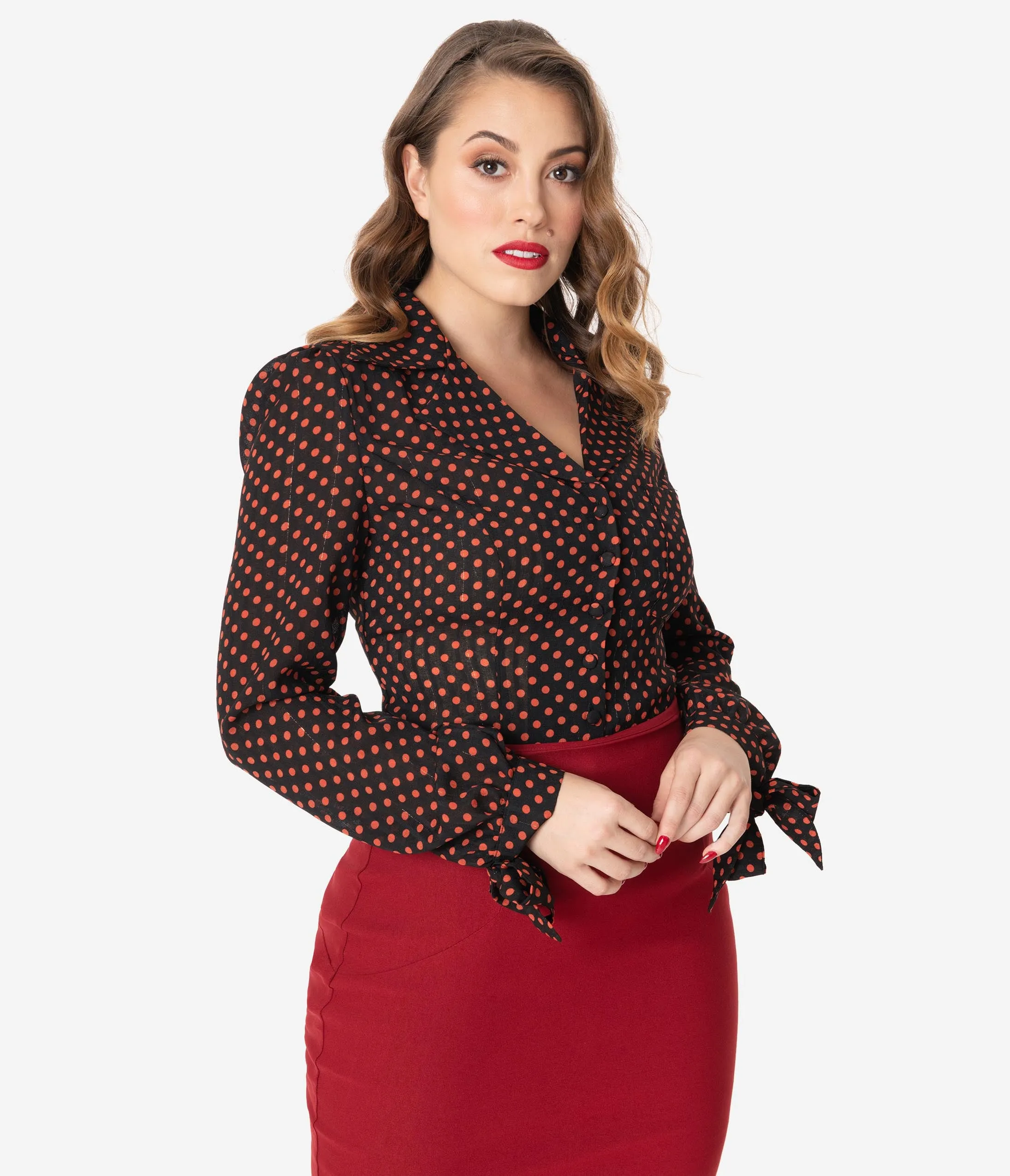 Unique Vintage 1950s Style Black & Rust Polka Dot Izzy Blouse