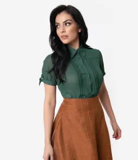 Unique Vintage Emerald Chiffon Button Up Short Sleeve Colvin Blouse