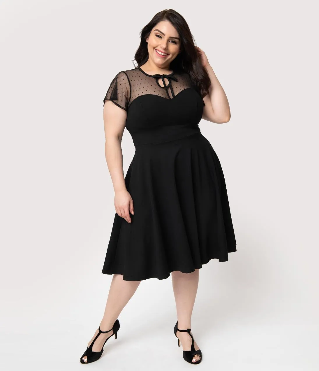 Unique Vintage Plus Size 1940s Style Black Swiss Dotted Mesh Heather Midi Dress