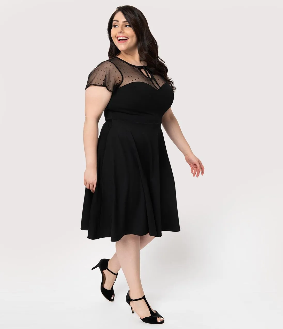 Unique Vintage Plus Size 1940s Style Black Swiss Dotted Mesh Heather Midi Dress