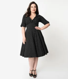 Unique Vintage Plus Size 1950s Black & White Dot Delores Swing Dress with Sleeves