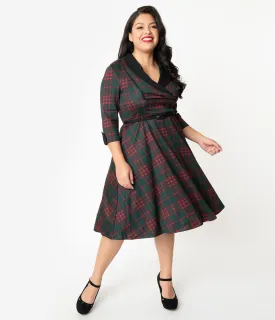 Unique Vintage Plus Size 1950s Emerald Green & Red Plaid Trudy Swing Dress