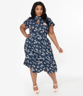 Unique Vintage Plus Size 1950s Navy & Pink Floral Baltimore Swing Dress