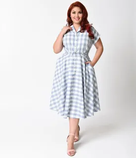 Unique Vintage Plus Size 1950s Style Light Blue & White Gingham Alexis Swing Dress