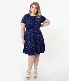 Unique Vintage Plus Size Navy Ladybug Short Sleeve Stephanie Fit & Flare Dress