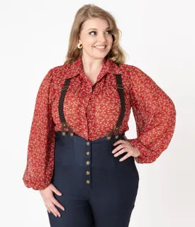 Unique Vintage Plus Size Red & Rust Floral Vine Francesca Blouse