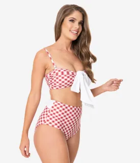 Unique Vintage Red & White Gingham Bow Morro Bikini Bottom