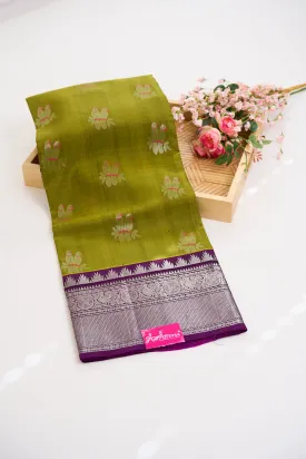 Venkatgiri Saree- Green and Purple W/silver Zari (Attached Blouse Material)