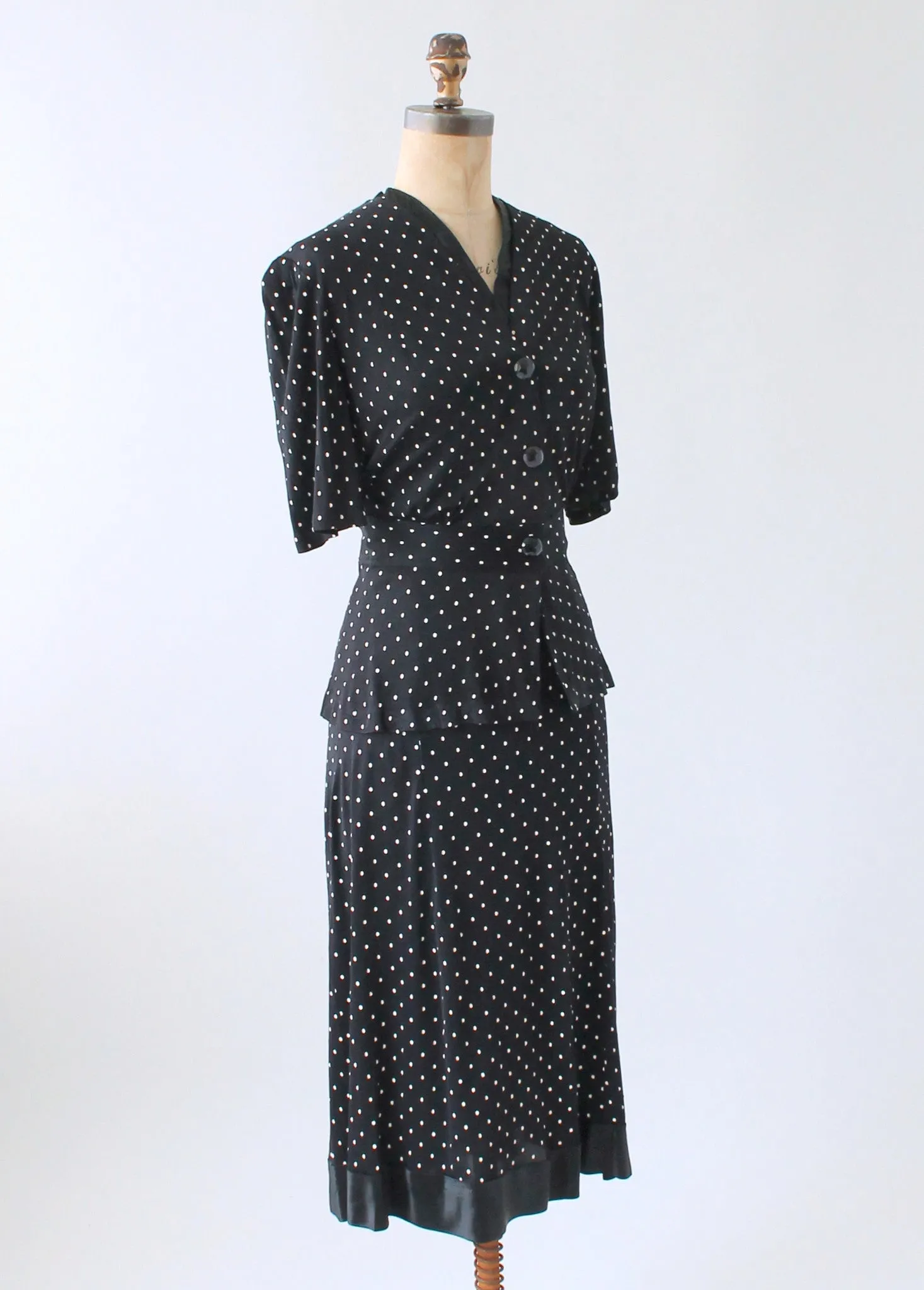 Vintage 1930s Black Polka Dot Rayon Jersey Suit Dress