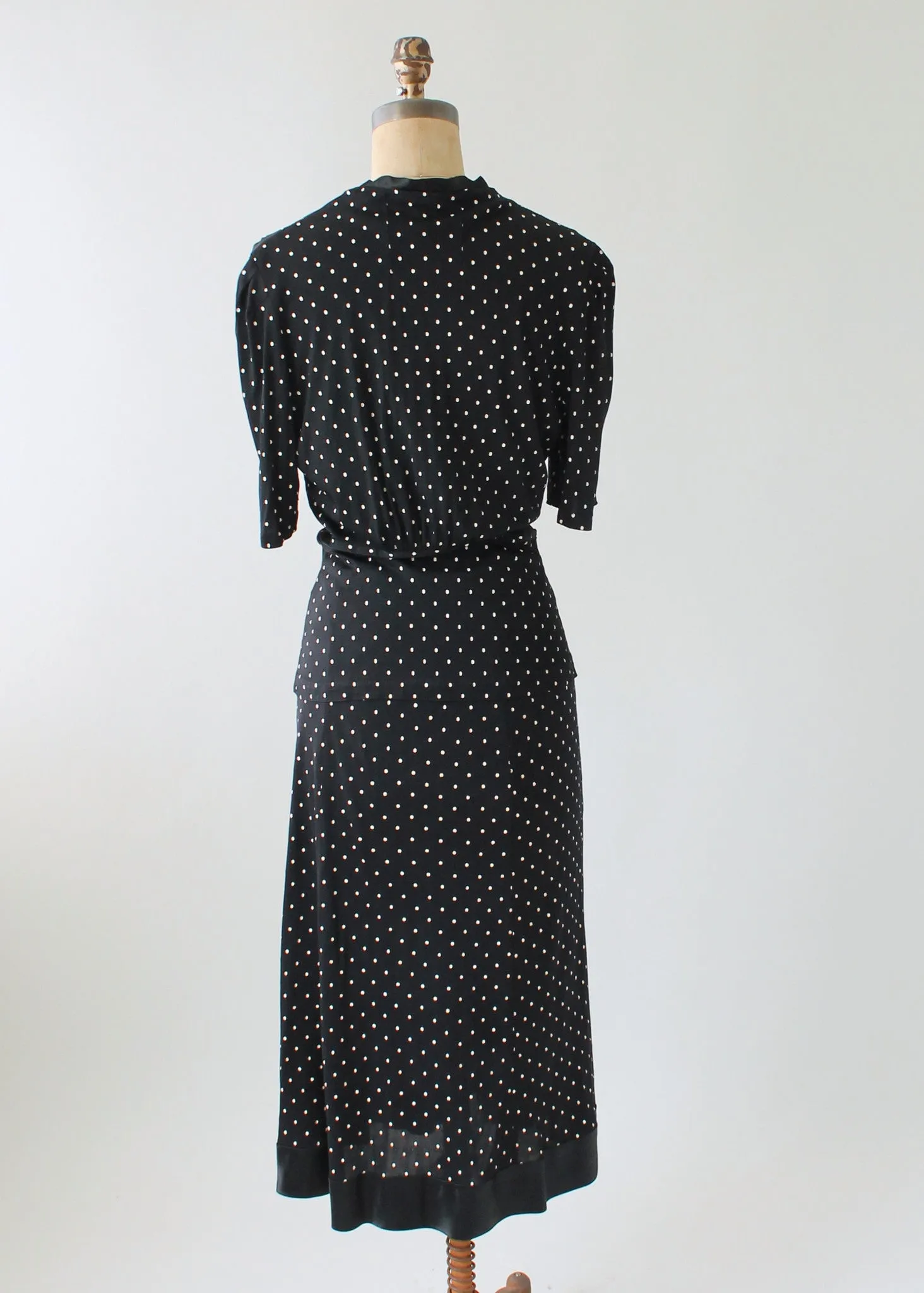 Vintage 1930s Black Polka Dot Rayon Jersey Suit Dress