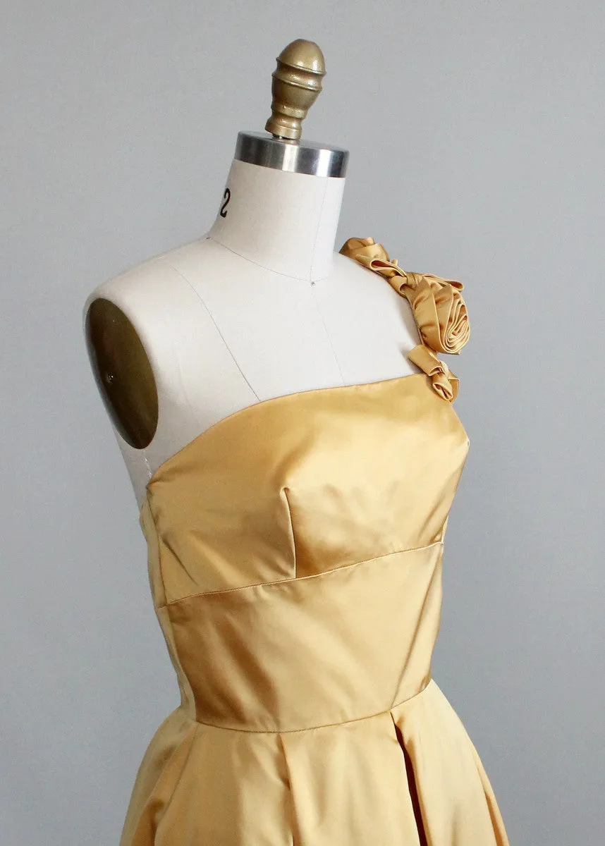 Vintage 1950s Golden Satin One Shoulder Evening Dress