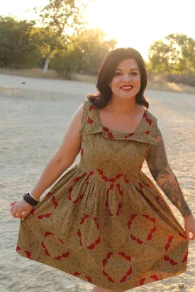 Vintage 1950s Red and Gold Cotton Fit and Flare Dress