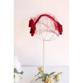 Vintage 1950s Red Velvet Fascinator Bows With Veil