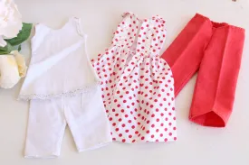 Vintage 1960s Doll Clothes,  Polkadot Dress, White Pajamas, Red Pants