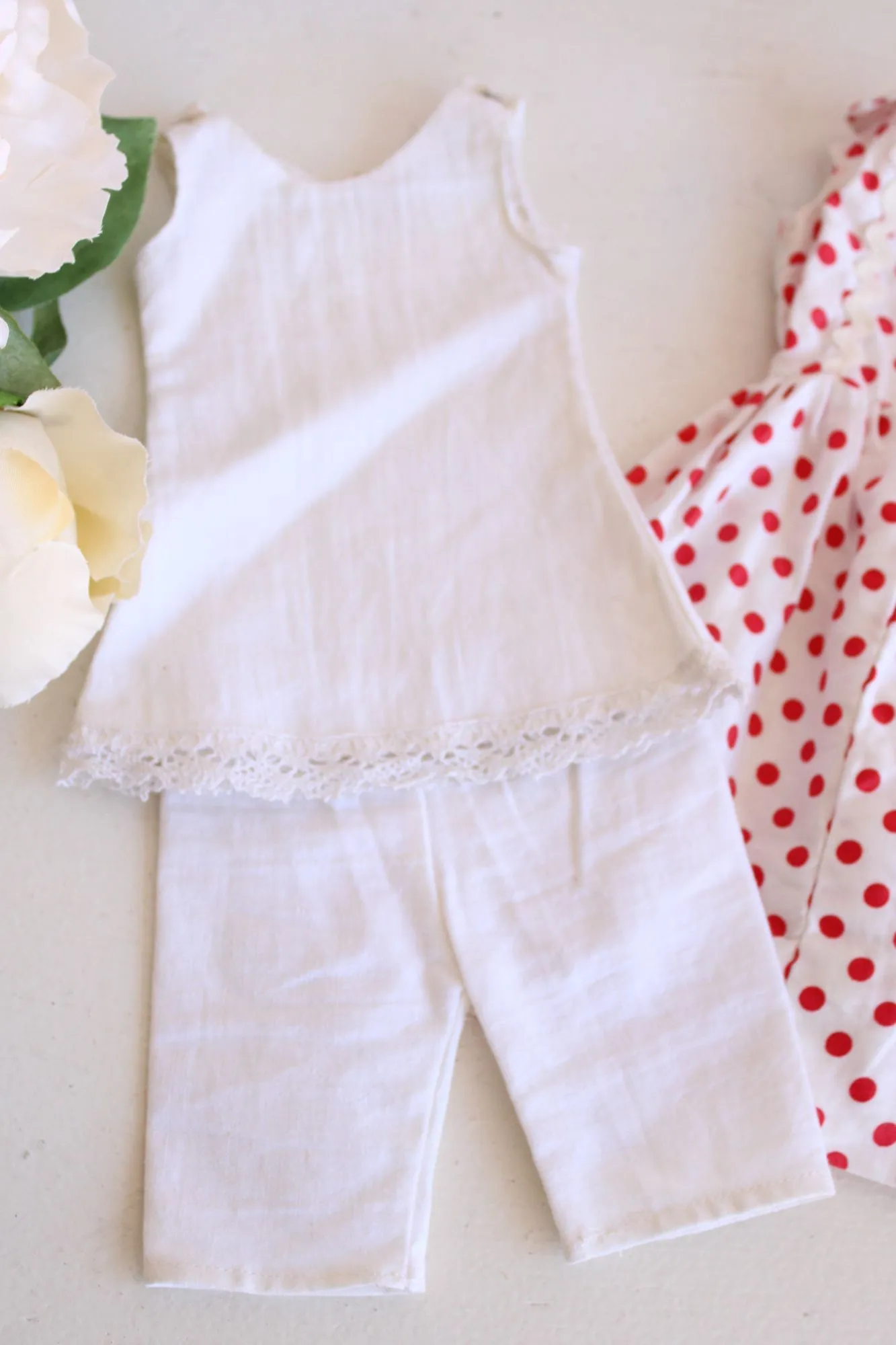 Vintage 1960s Doll Clothes,  Polkadot Dress, White Pajamas, Red Pants