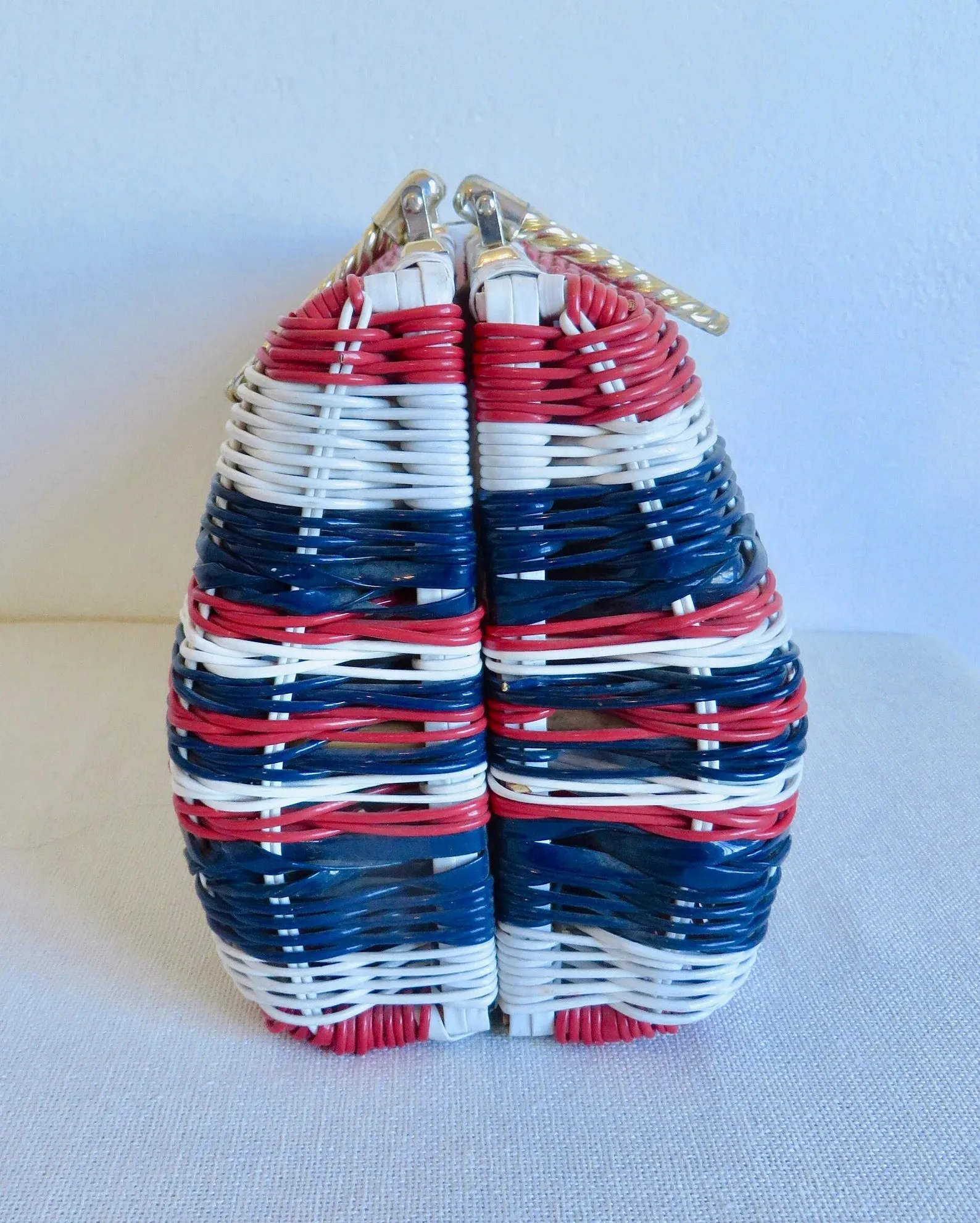 VINTAGE 1960's LARGE RED, WHITE & BLUE "WOVEN" WICKER PURSE