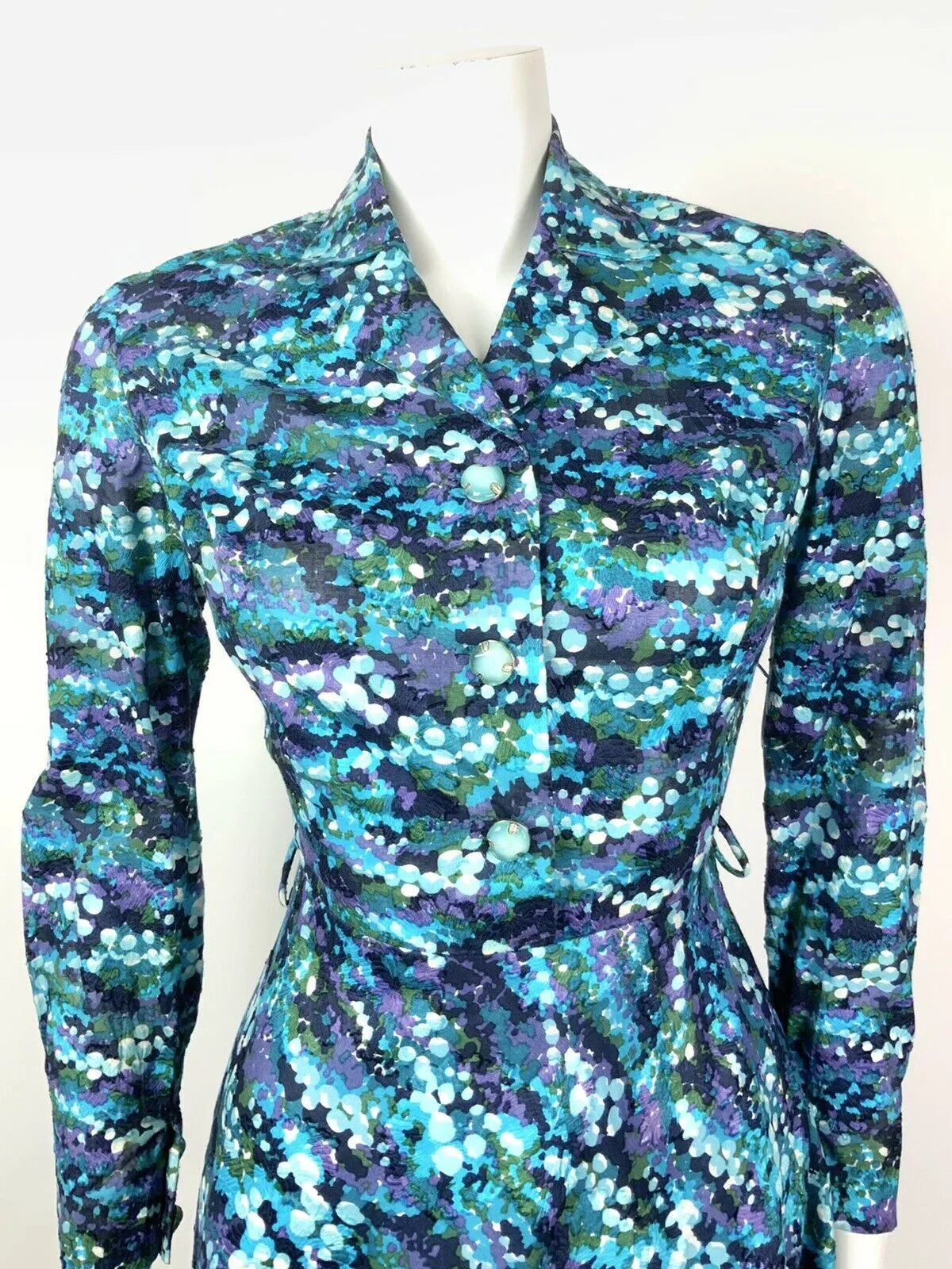 VINTAGE 60s 70s BLUE GREEN PURPLE PSYCHEDELIC FLORAL BUBBLE SHIRT DRESS 10