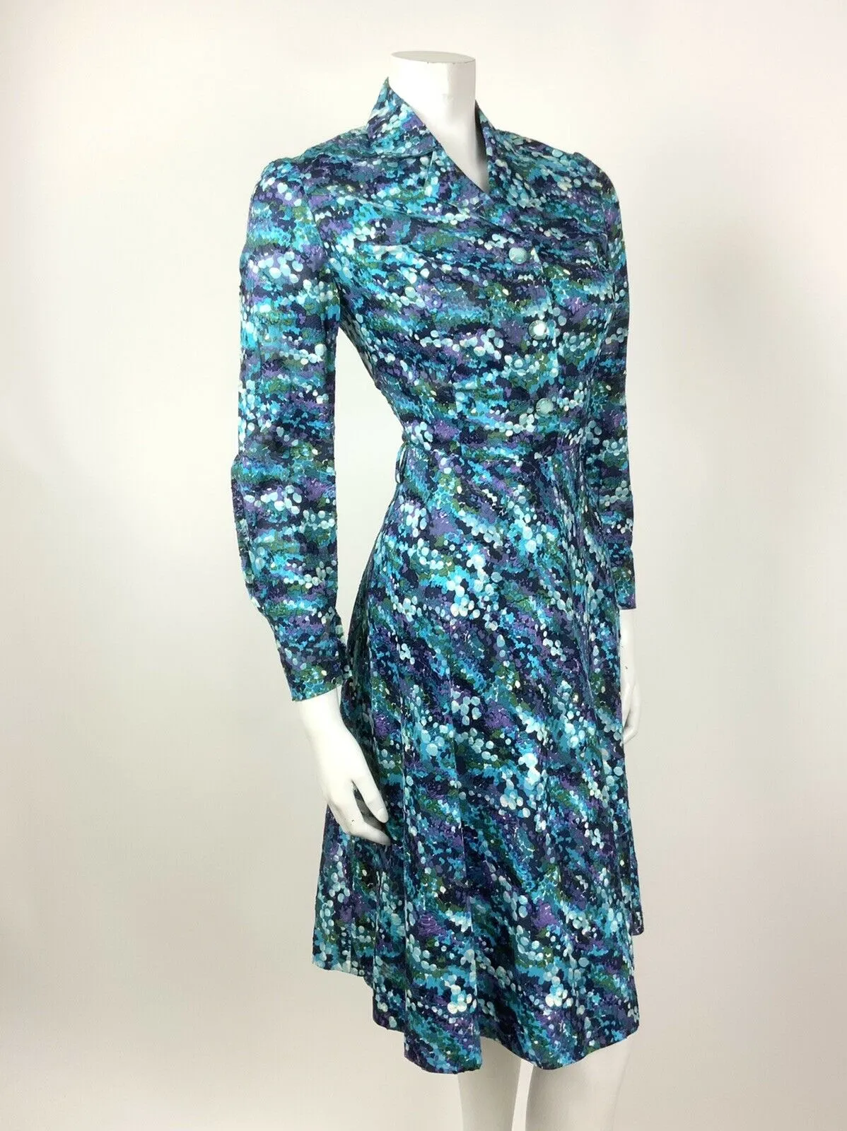 VINTAGE 60s 70s BLUE GREEN PURPLE PSYCHEDELIC FLORAL BUBBLE SHIRT DRESS 10