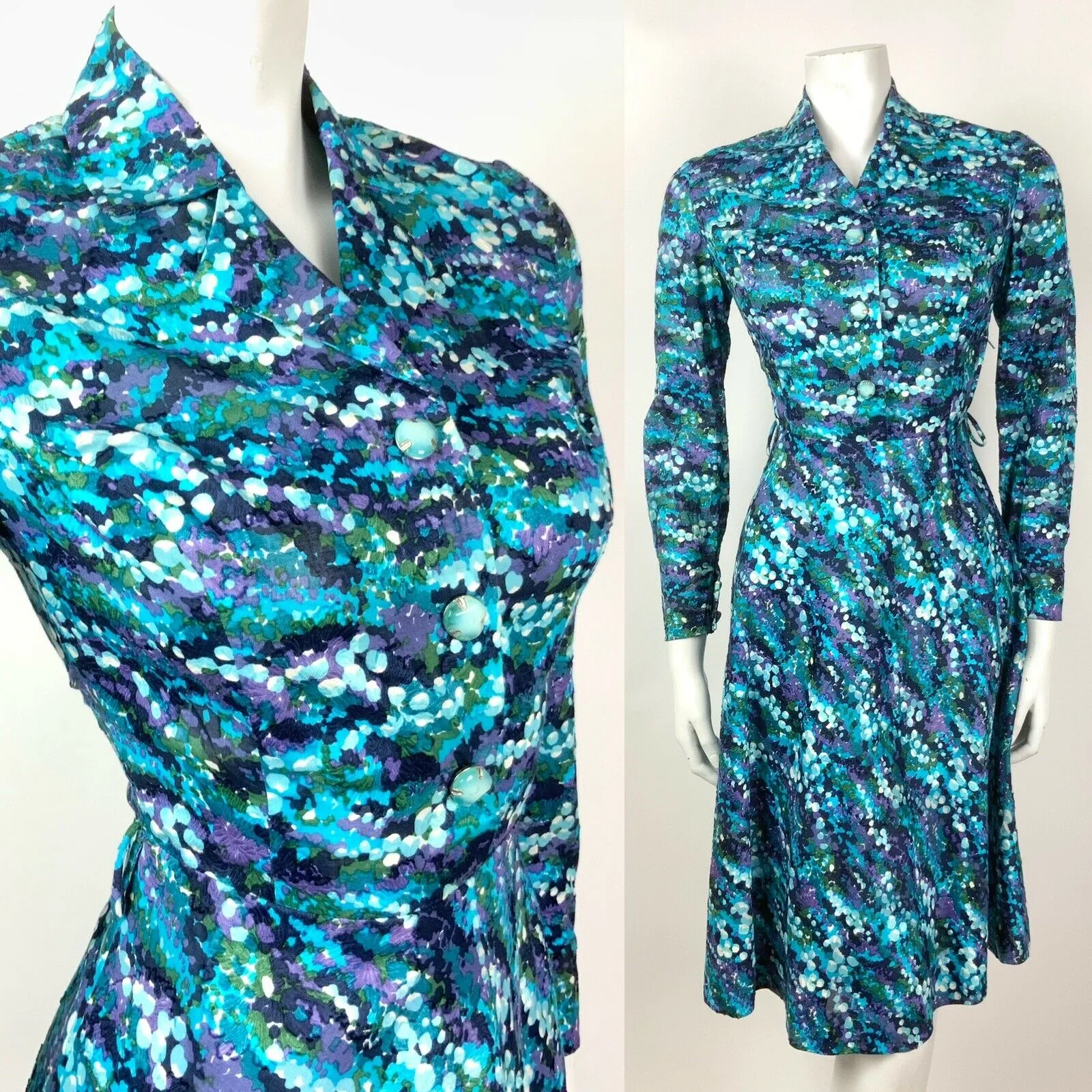 VINTAGE 60s 70s BLUE GREEN PURPLE PSYCHEDELIC FLORAL BUBBLE SHIRT DRESS 10