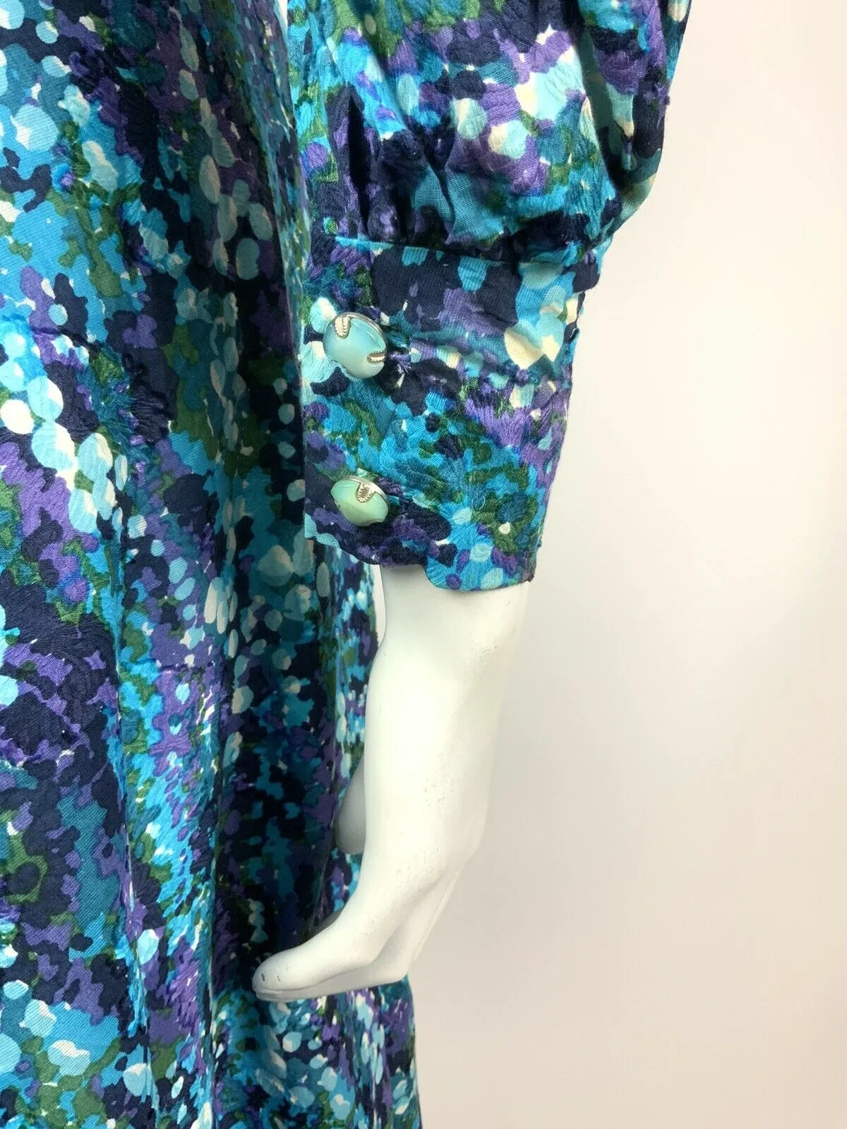 VINTAGE 60s 70s BLUE GREEN PURPLE PSYCHEDELIC FLORAL BUBBLE SHIRT DRESS 10