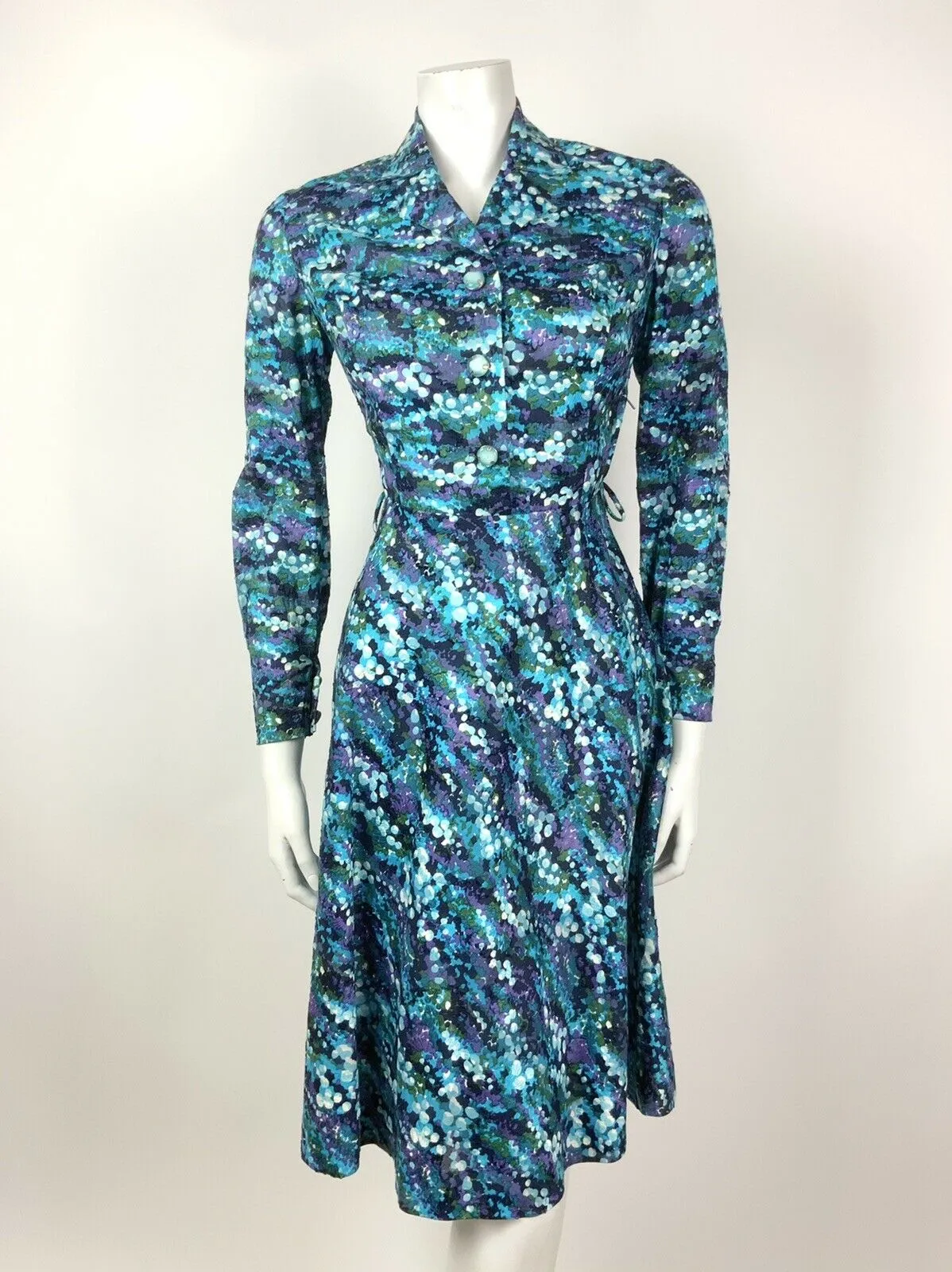 VINTAGE 60s 70s BLUE GREEN PURPLE PSYCHEDELIC FLORAL BUBBLE SHIRT DRESS 10