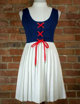 Vintage 70s Mod Style Blue White Pleated Dress Size Medium