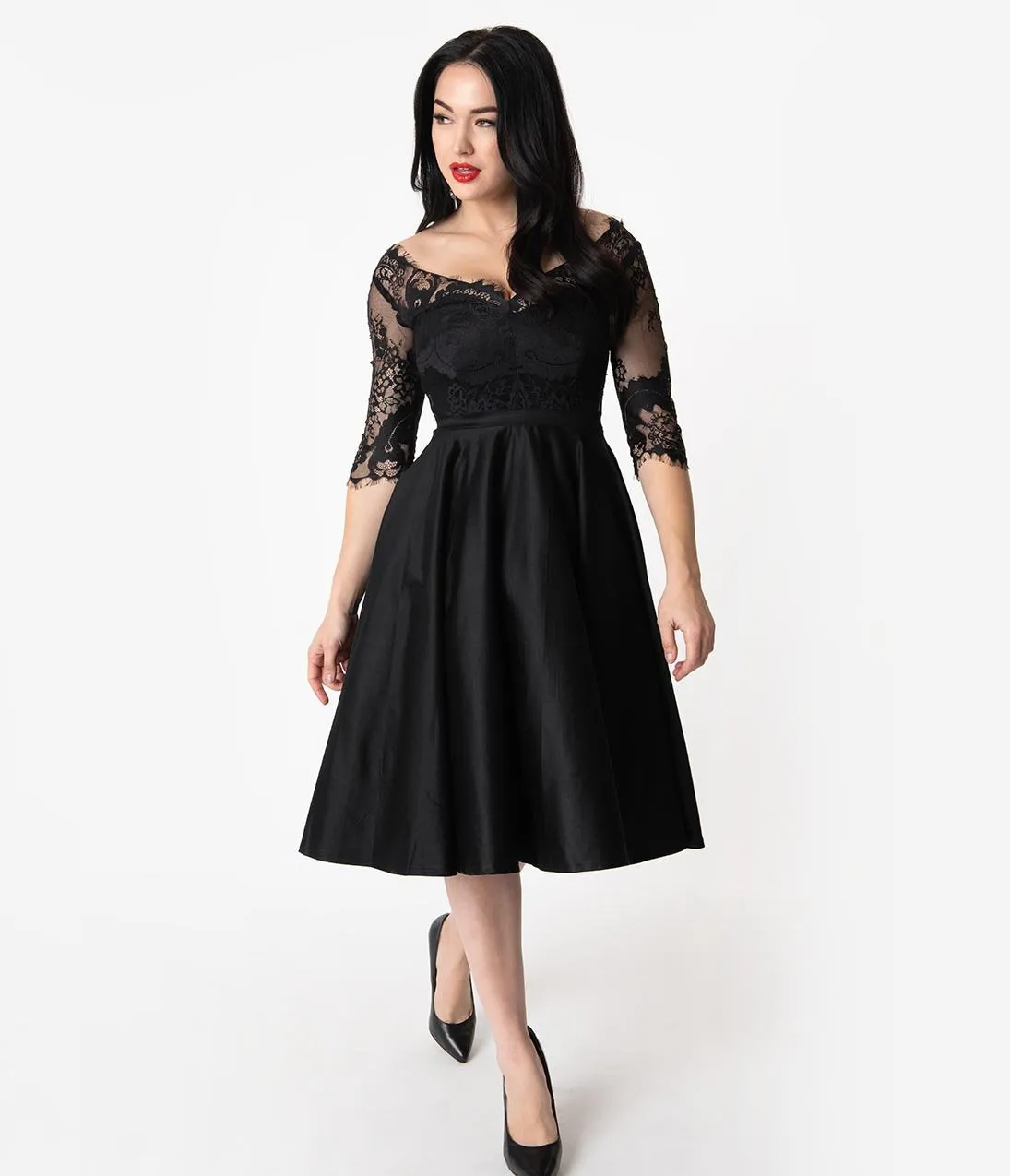 Vintage Diva 1950s Style Black Lace Sleeved Leonora Swing Dress