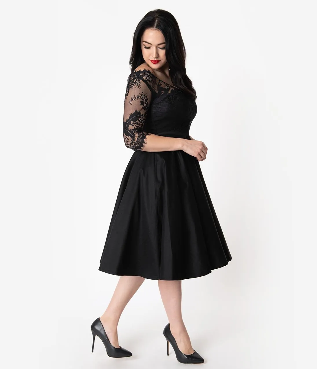 Vintage Diva 1950s Style Black Lace Sleeved Leonora Swing Dress