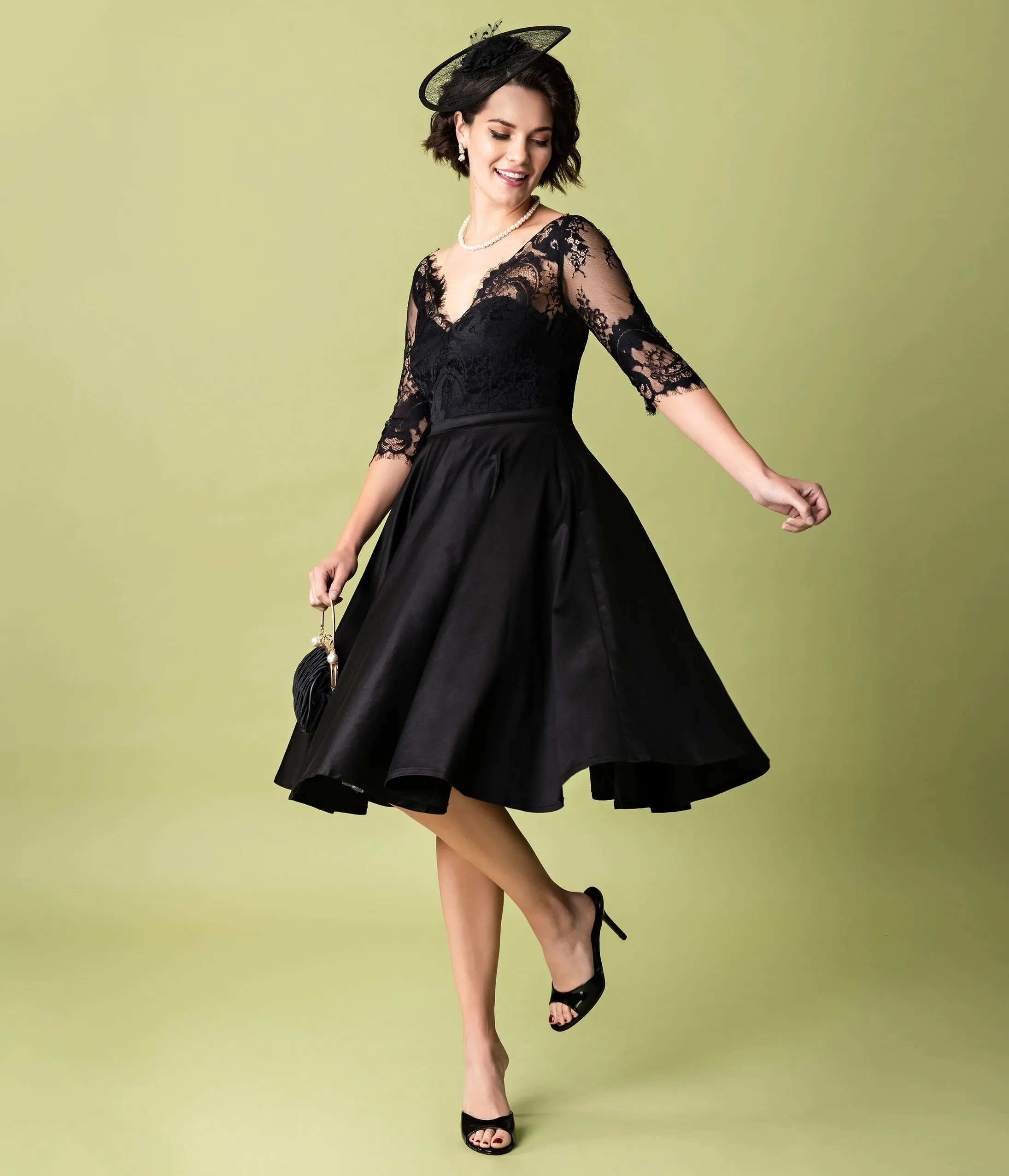 Vintage Diva 1950s Style Black Lace Sleeved Leonora Swing Dress