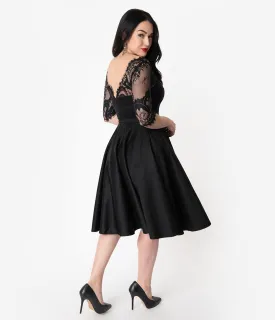 Vintage Diva 1950s Style Black Lace Sleeved Leonora Swing Dress