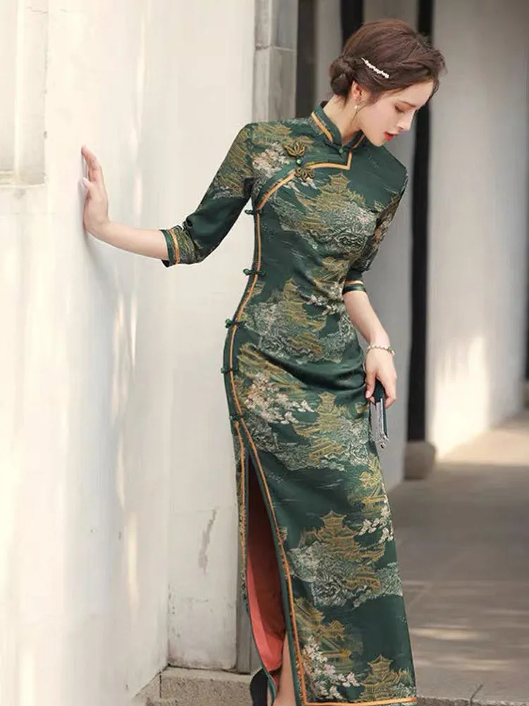 Vintage Ink Green Chinese Ancient Architecture Printed Mid-sleeve Cheongsam Dress