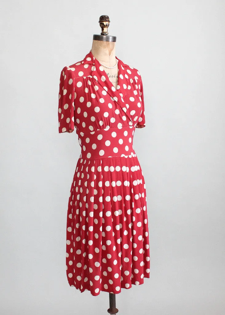 Vintage Late 1930s Red Rayon Polka Dot Swing Dress