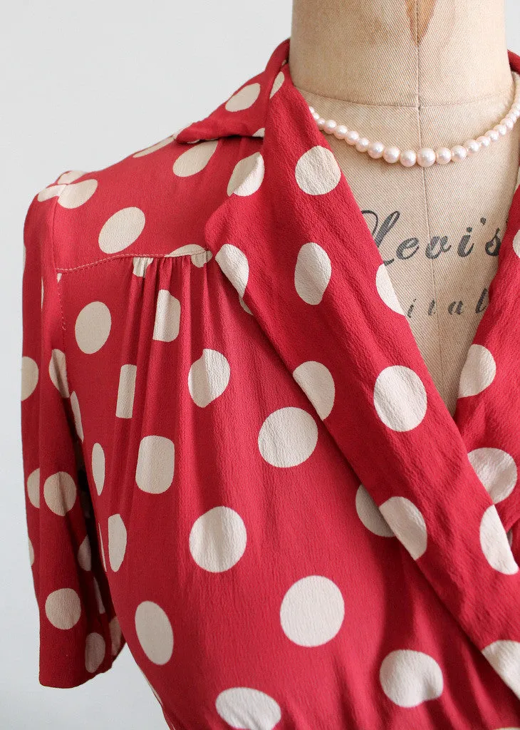 Vintage Late 1930s Red Rayon Polka Dot Swing Dress