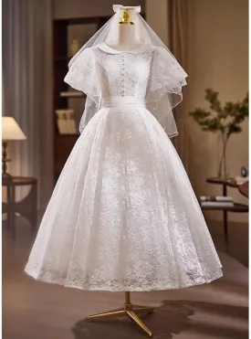 Vintage White Lace Puff Sleeve Wedding Dress