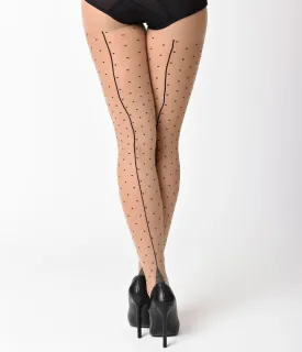 What Katie Did Retro Style Nude & Black Dotted Backseam Pantyhose