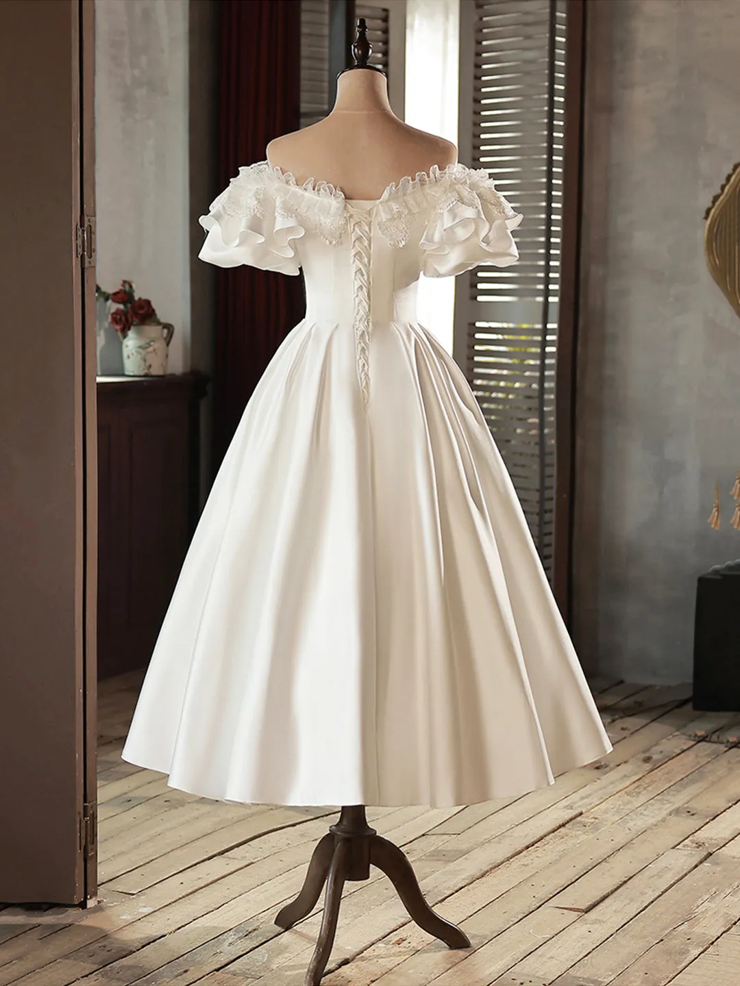 White Satin Lace Short Prom Dress White Evening Dress Wedding Dress