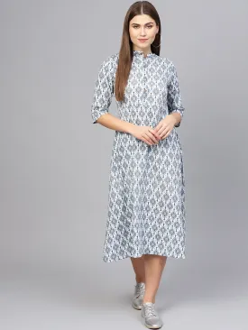 Women Navy Blue & Off-White Printed A-Line Dress