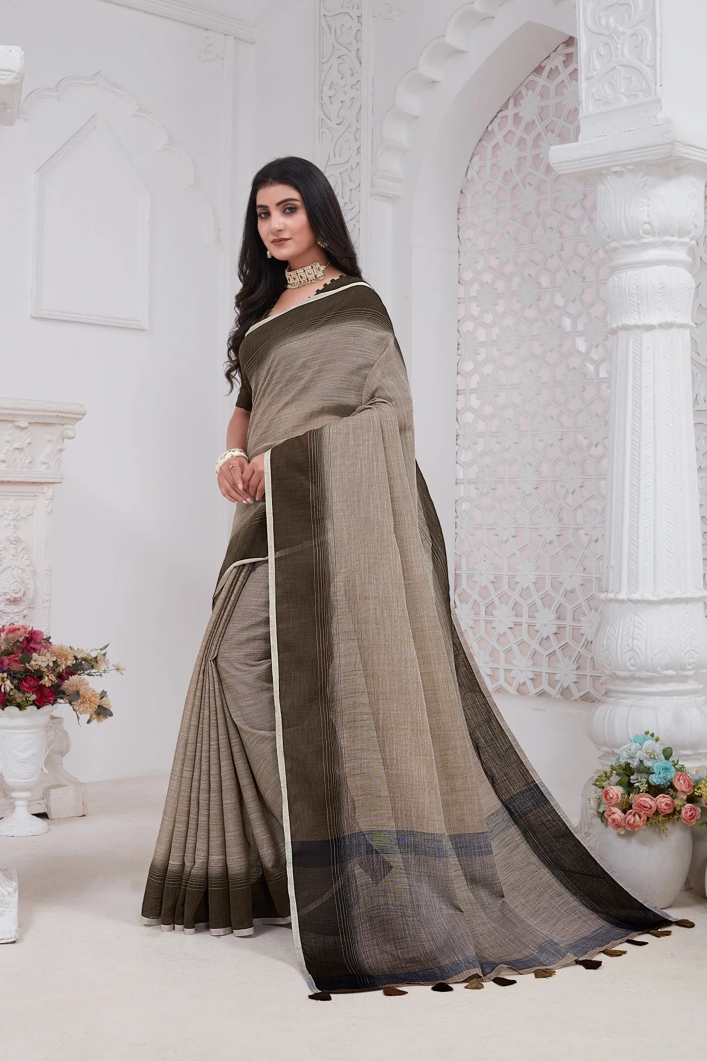 Women Party Wear Linen Saree With Un Stitched Blouse