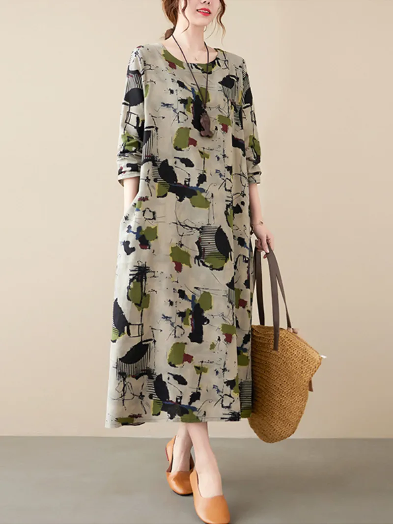 women's cotton and long-sleeved pring and summer with broken flowers A-line dress